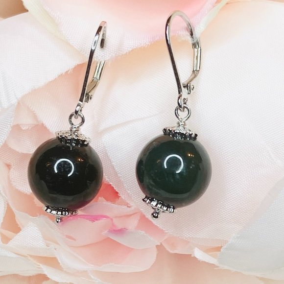 Sterling Silver Dark Green Jade Bead Drop Leverback Earrings - Picture 5 of 5